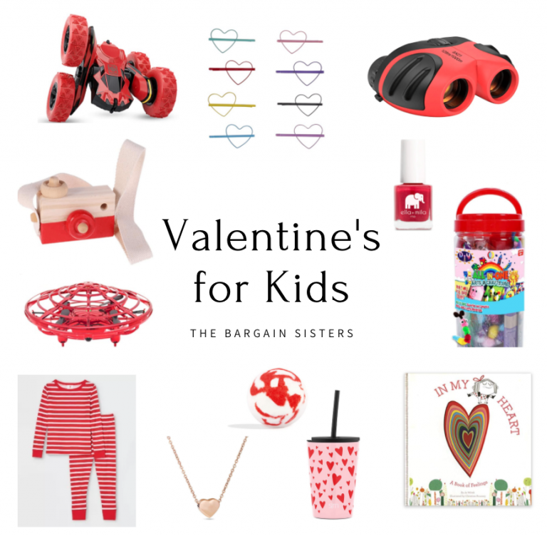 A collage titled "Valentine's for Kids The Bargain Sisters" features delightful items: a remote-controlled car, heart-shaped drawings, red binoculars, a wooden camera toy, nail polish, a jar of toys, striped pajamas, a drone toy, a heart necklace, a heart-patterned cup, and a heart-themed book.