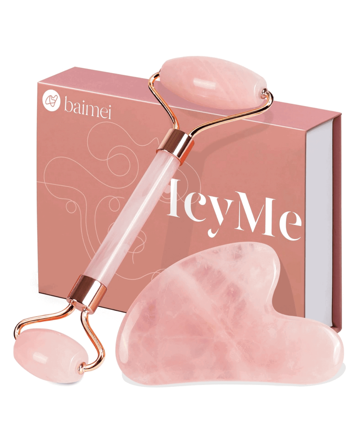 A rose quartz facial roller and gua sha tool set rest elegantly in front of a pink box labeled "baimei IcyMe," making it a perfect Valentine's for Her. The roller features two smooth stones at each end, while the gua sha boasts a lovely heart shape.