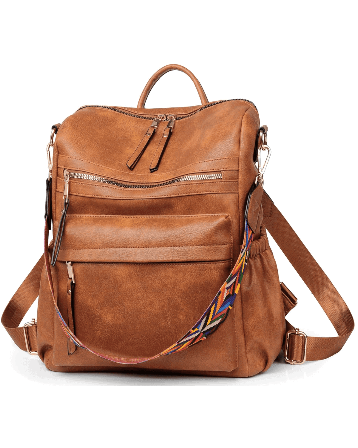 A brown leather backpack with a top handle and multiple zippered compartments, perfect as a Valentine's gift for her. It features an adjustable shoulder strap with a colorful geometric pattern.