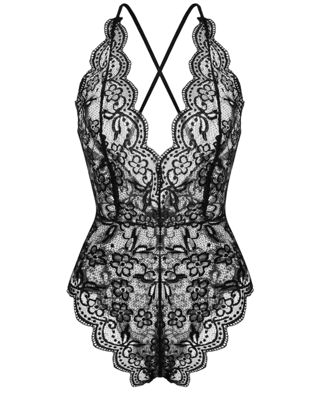 A black lace bodysuit with intricate floral patterns and scalloped edges, perfect as a Valentine's gift for her. The design features a plunging neckline and criss-cross straps at the back, embodying elegance and romance.