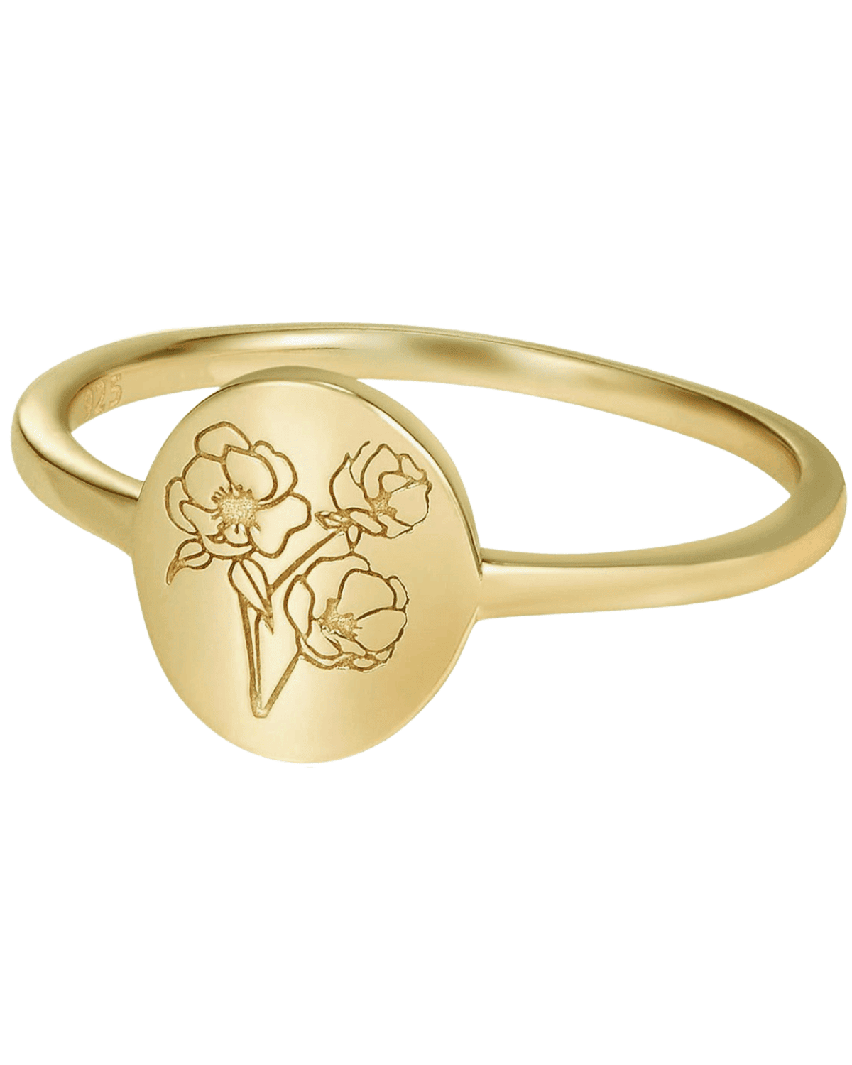 A gold ring with a round, flat face featuring an engraved design of three flowers with leaves. The band is simple and smooth, perfectly complementing the detailed floral pattern—an ideal Valentine's for her to cherish forever.