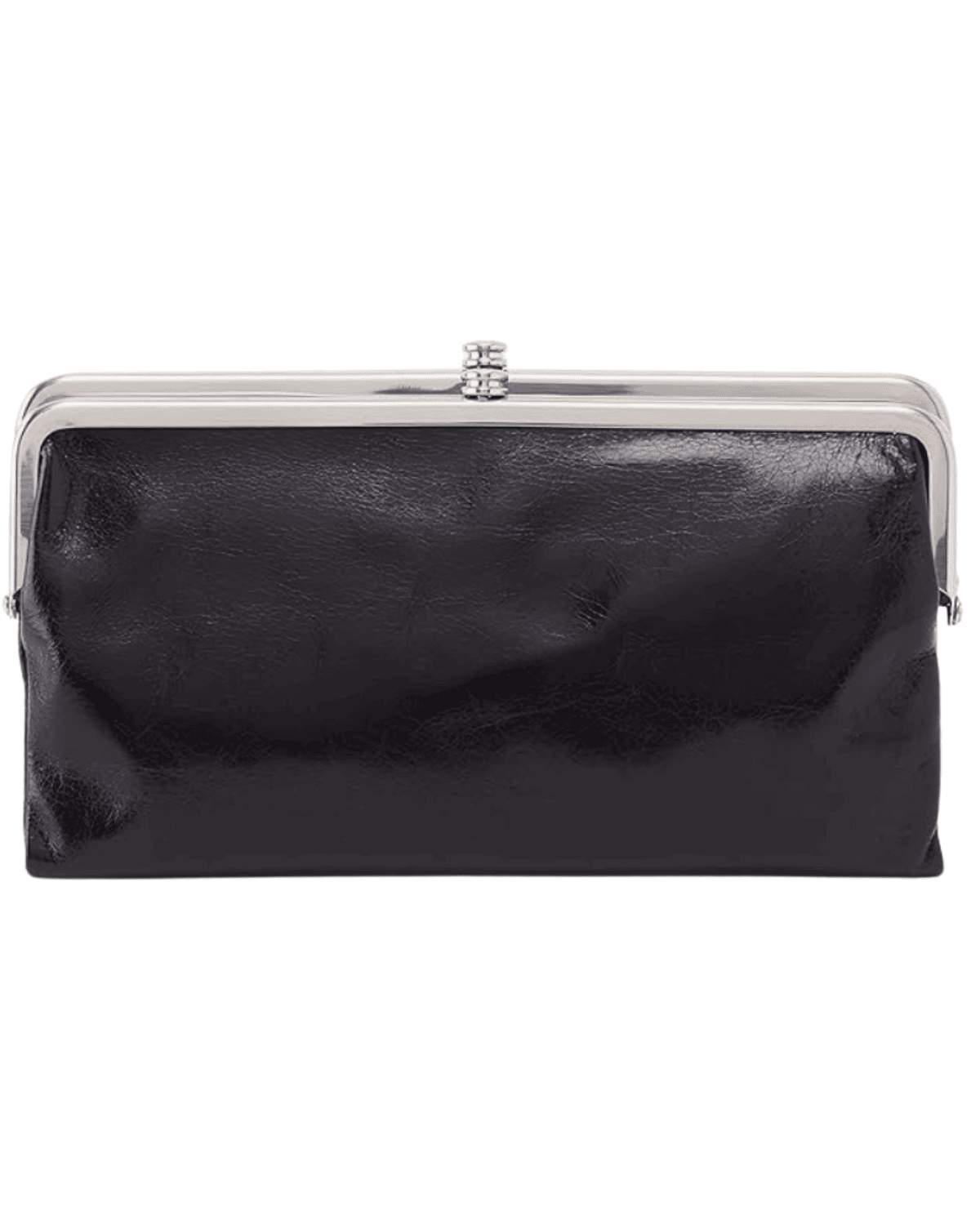 A black leather clutch purse with a shiny silver clasp on top. The surface is smooth and slightly reflective, perfect for that classic and minimalistic Valentine's for Her gift.