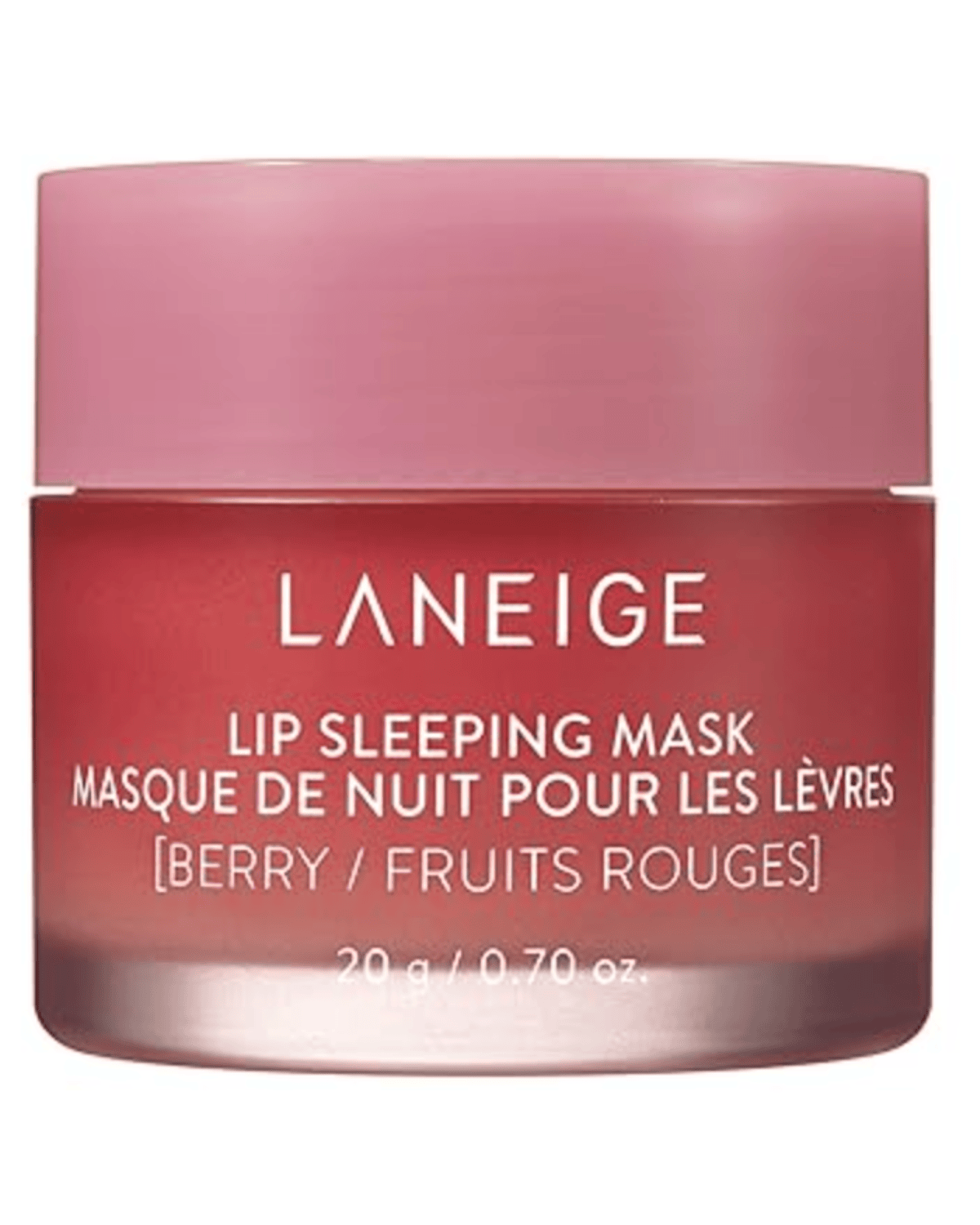 A Laneige lip sleeping mask container with a pink lid and red jar, perfect as a Valentine's gift for her. The label reads: "Lip Sleeping Mask, Masque de Nuit pour les Lèvres, [Berry/Fruits Rouges], 20g/0.70 oz.