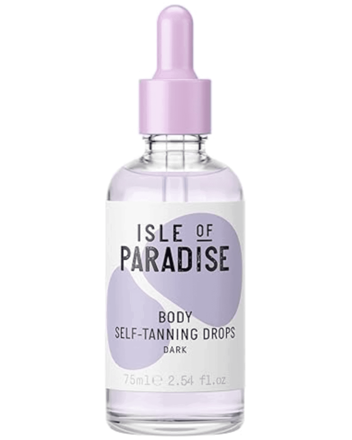 A clear bottle of Isle of Paradise Body Self-Tanning Drops in dark shade, adorned with a light purple dropper cap and a charming purple and white label. Perfect for Valentine's for her, this 75ml (2.54 fl oz) treat ensures a radiant glow that says "love" all year round.