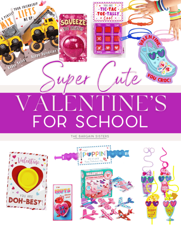 Image of a vibrant collage showcasing Valentine's for School, filled with adorable gifts like toy trucks, bracelets, keychains, cards, and candy-themed items. Text: "Super Cute Valentine's for School" by The Bargain Sisters.