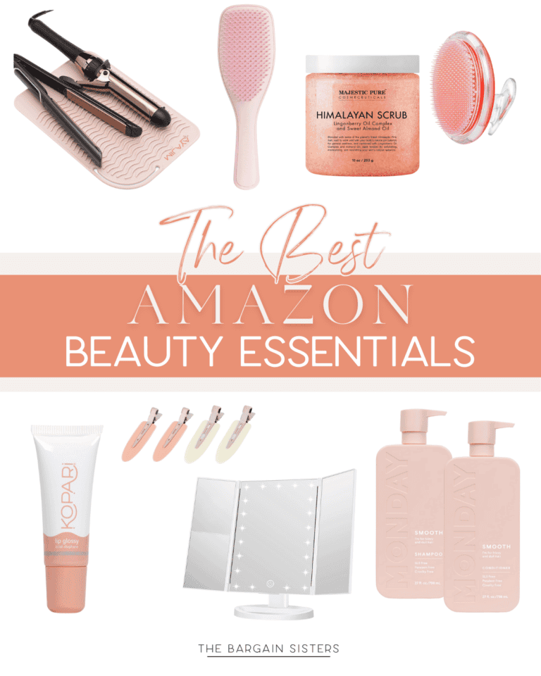 A promotional collage of beauty essentials showcases a hair straightener and curling iron on a mat, alongside a pink hairbrush, Himalayan scrub, lip balm, claw clips, lighted mirror, and two lotion bottles. Text reads, "The Best Amazon Beauty Essentials.