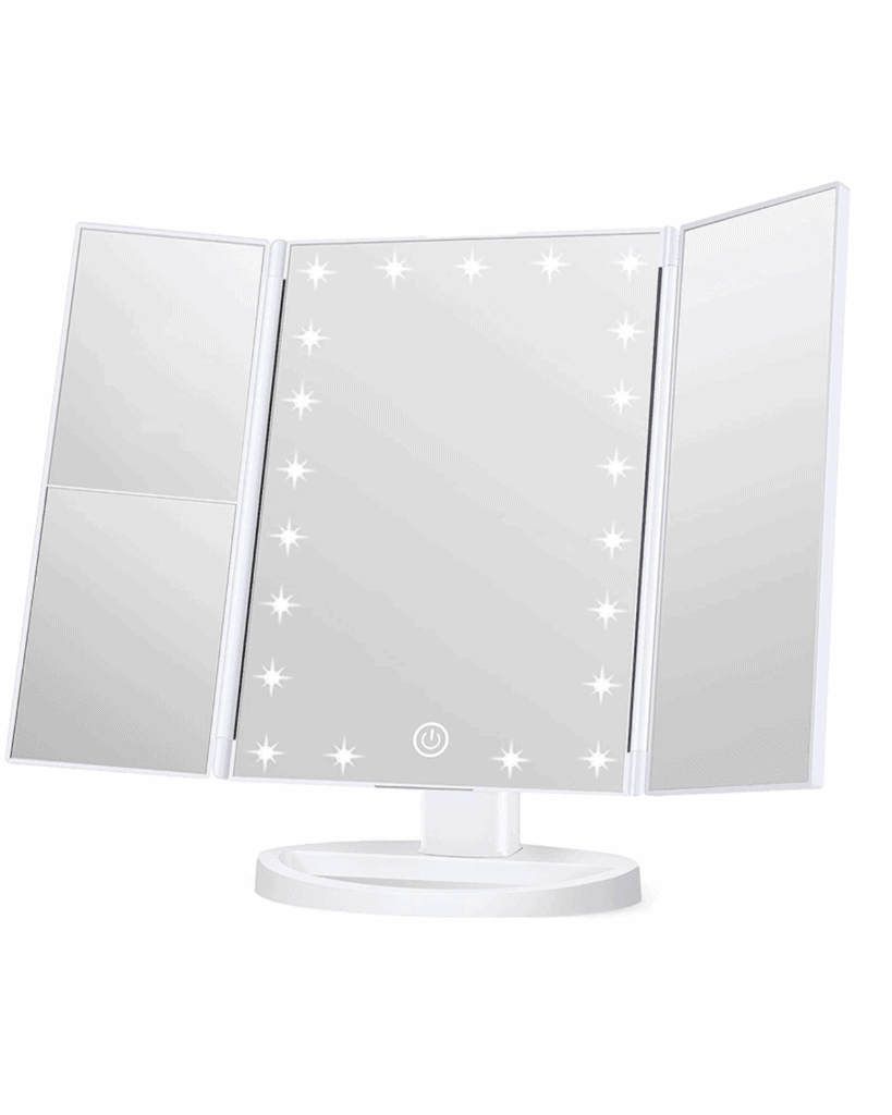 A three-paneled makeup mirror, a true beauty essential, features LED stars framing the central panel. It's mounted on a swivel base, with a larger central panel and narrower side panels, allowing for multiple viewing angles.