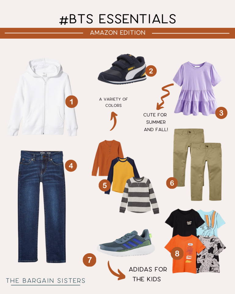 #BTS Essentials Amazon Edition showing kids' clothing and shoes, including hoodies, sneakers, dresses, jeans, shirts, pants, and t-shirts.