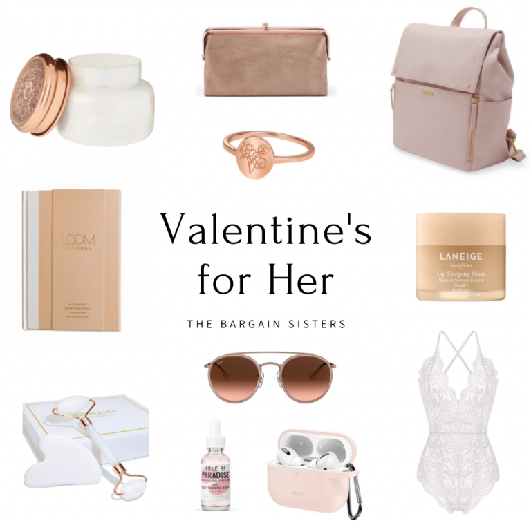 A beautiful collage of Valentine's for Her gift ideas organized in a grid. Items include skincare products, a purse, a backpack, a notebook, a ring, a lip sleeping mask, white lace lingerie set, sunglasses, heart-shaped scrubbing tools, and headphones in a case.