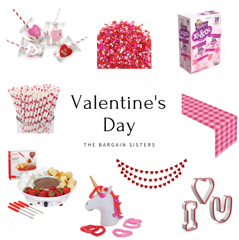 A Valentine's Day collage featuring various themed items, including cups with hearts, heart-shaped sprinkles, a tic-tac-toe game, pink and white straws, a red fondue set, heart garland, pink tablecloth, unicorn cup, heart cookie cutters, and heart-shaped earbuds.