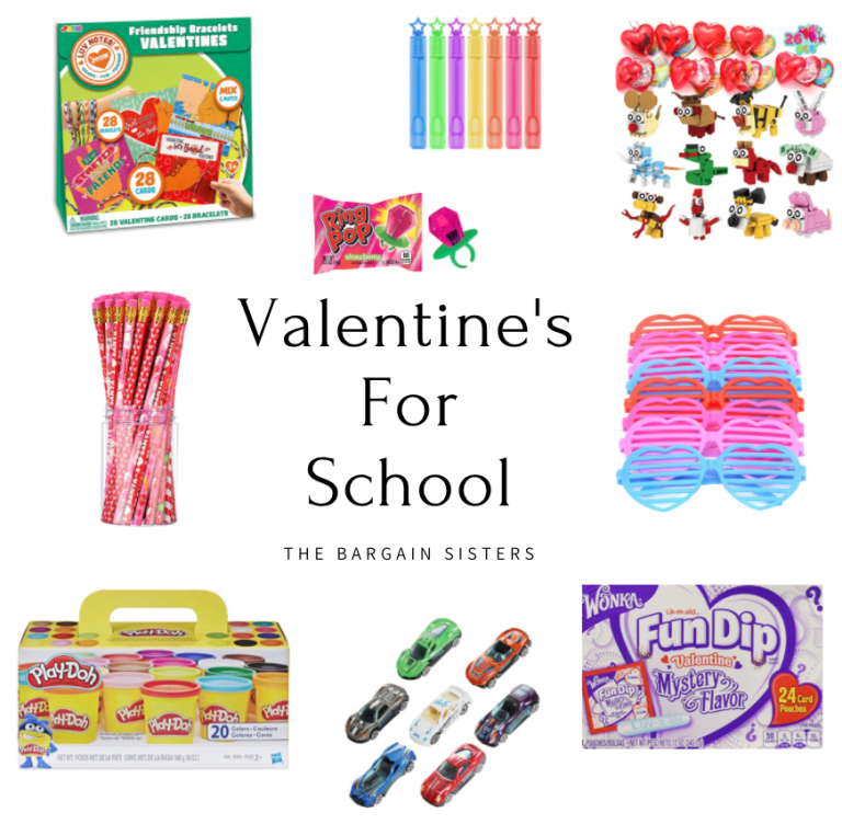 A collage of various Valentine's Day-themed school goodies, including friendship bracelet kits, glow sticks, heart-shaped erasers, lollipop rings, Fun Dip candy, colorful sunglasses, mini Play-Doh tubs, and toy cars. The text reads: "Valentine's For School - The Bargain Sisters.