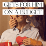 A woman playfully covers a man's eyes with a smile. He holds a red, heart-shaped gift box. Overlay text reads "Cool Baking Gadgets for Him on a Budget" at the top and "The Bargain Sisters" at the bottom.