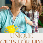 A man is kissed on the cheek by a young girl holding a gift with a yellow ribbon. Text on the image reads, "Unique Gifts For Him That Won't Break the Bank. Discover cool baking gadgets and more from The Bargain Sisters.