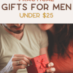 A person holding a small, red gift box with a bow. The image features overlay text that reads "The Bargain Sisters: Practical Gifts for Men Under $25," highlighting cool baking gadgets perfect for any culinary enthusiast.