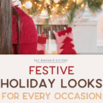 A woman in a red sweater stands by a festive fireplace adorned with holiday decorations, stockings, and cool baking gadgets. Text reads "The Bargain Sisters: Festive Holiday Looks for Every Occasion.