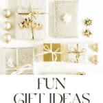 A series of white and gold gift wrapped packages with the words fun gift ideas for a my favorite things party written on top.