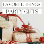 Beautifully wrapped Christmas gifts with red and green ribbons, topped with festive ornaments. Cool baking gadgets make perfect affordable Favorite Things Party Gifts.