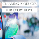 A blue cleaning caddy holds spray bottles, sponges, and gloves. Text on the image reads: "Must-Have Amazon Cleaning Products and Cool Baking Gadgets for Every Home." The background is a blurred indoor space with people.