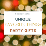 Festive holiday background with blurred multicolored lights. Overlay text reads "The Bargain Sisters: Unique Favorite Things Party Gifts, featuring cool baking gadgets.