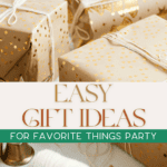 Wrapped presents with gold star-patterned paper and white string sit alongside cool baking gadgets. A small bell and a spool of white thread are nearby. Text reads: "Easy Gift Ideas for Favorite Things Party" by The Bargain Sisters.