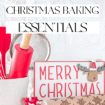 A festive kitchen scene brimming with cool baking gadgets: a rolling pin embossed with snowflake designs, red cookie cutters, a sieve, and spatula. A "Merry Christmas" sign adorned with a small reindeer decoration completes this merry display.