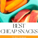 A lunch container filled with baby carrots, sliced red apples, and almonds sits alongside the text "Best Cheap Snacks to Buy in Bulk" and "The Bargain Sisters." Discover budget-friendly eats nestled among cool baking gadgets.