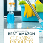 A mop and bucket with cleaning supplies, including blue liquid in a spray bottle, sponges, and yellow gloves, rest on a shiny floor. Text overlay says: "The Bargain Sisters Best Amazon Cleaning Products to Buy Now—and discover cool baking gadgets for your kitchen!.