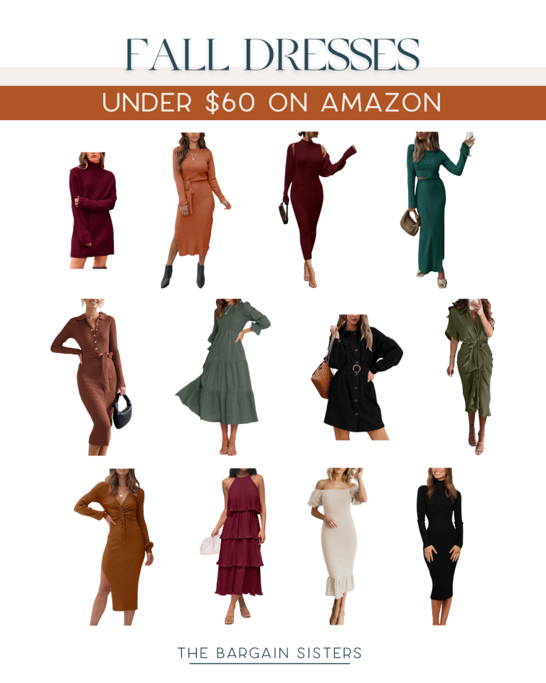 A collection of 12 fall dresses under $60 available on Amazon, shown in various colors and styles, by The Bargain Sisters.