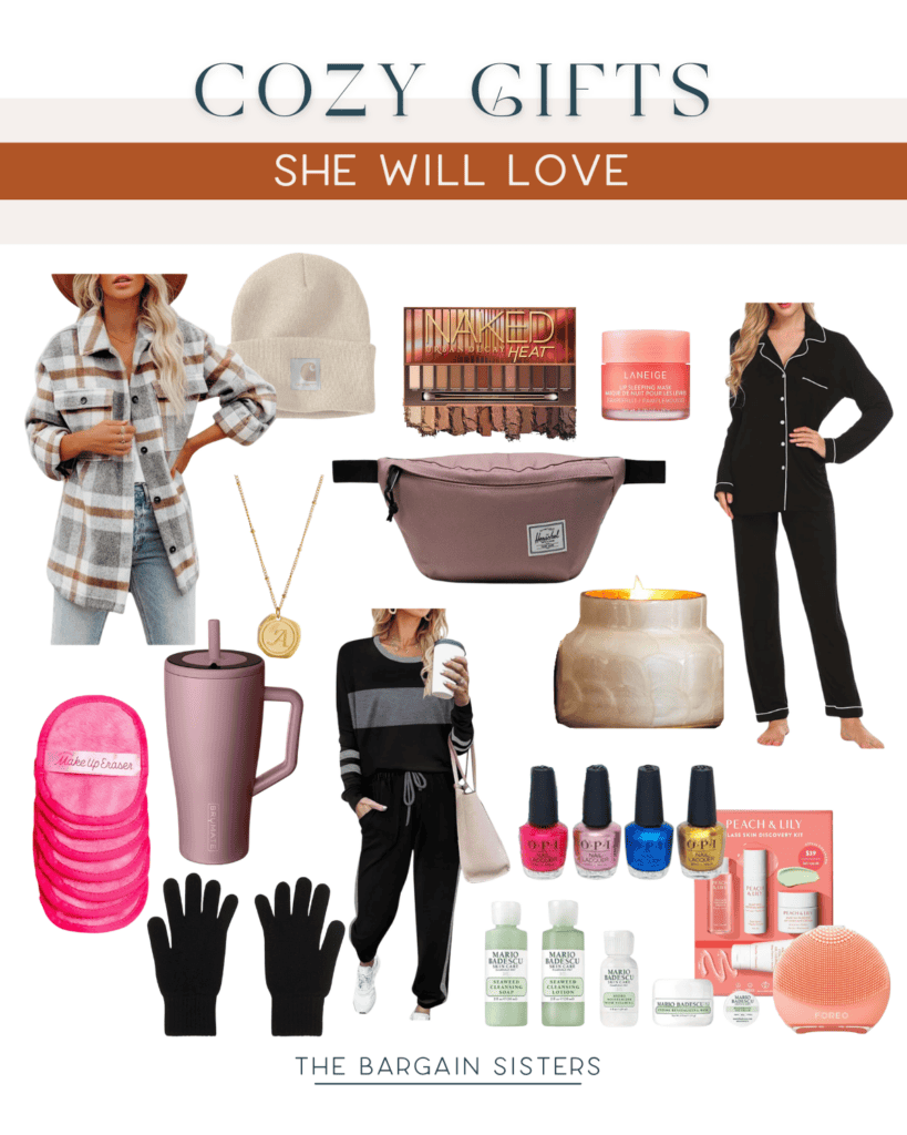 A collage of cozy gifts for women showcases a selection including a plaid jacket, beanie, eyeshadow, face cream, pajamas, cleansing pads, insulated tumbler, lounge set, fanny pack, candle, gloves, nail polishes, skincare set, and foot massager. Perfect for bringing warmth and comfort.