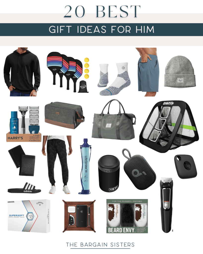 A collage titled "20 Best Gift Ideas for Him" features cozy gifts like clothing, a grooming kit, paddle set, socks, bag, hat, sport net, speaker, beard oil, fitness accessories, and a travel mug. All curated by "The Bargain Sisters.