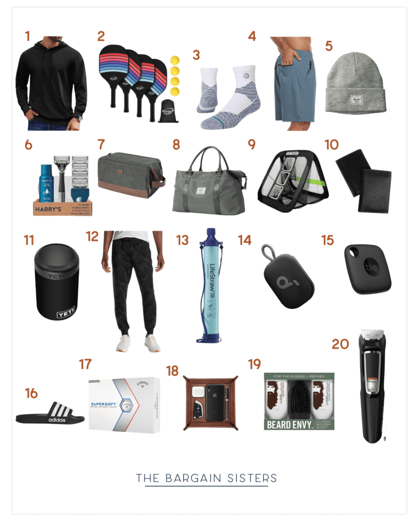 A collection of cozy gifts, including a black hoodie, paddle set, socks, shorts, beanie, grooming kits, gym bags, water filter, Bluetooth tracker, tumbler, joggers, and grooming tools. Labeled as items curated by "The Bargain Sisters.