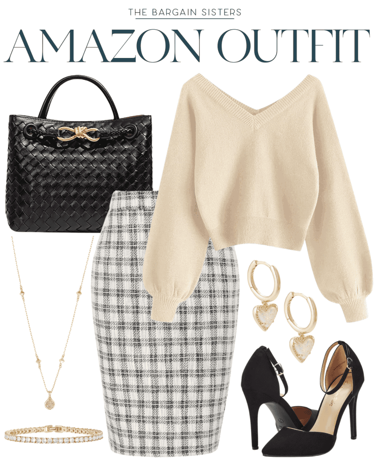 Stylish Amazon Fall Fashion ensemble featuring a beige sweater, plaid pencil skirt, black handbag, heels, and gold jewelry.