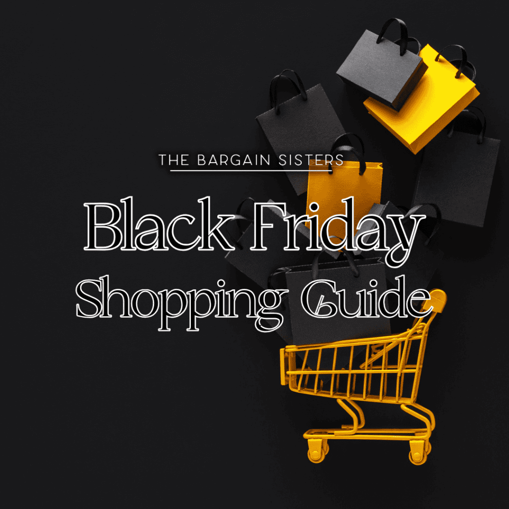 A cluster of black and yellow shopping bags and a yellow shopping cart against a dark background features prominently. The text boldly announces, "The Bargain Sisters: Your Ultimate Black Friday Shopping Guide.