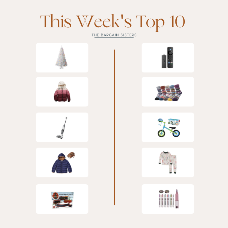 A "Top 10" list titled "This Week's Top 10: Best Deals of the Week" by The Bargain Sisters, showcasing popular items such as a Christmas tree, winter jacket, TV streaming device, socks, vacuum, balance bike, kids' puffer jacket with gloves, pajamas, toy truck, and hairstyling tools.