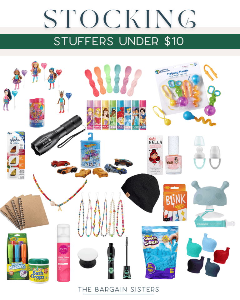 Collage showcasing an array of stocking stuffer items under $10—perfect for holiday surprises. Discover toys, art supplies, kitchen utensils, a flashlight, cars, a hat, notepads, nail polish, card games and more. Text: "Stocking Stuffers Under $10" and "The Bargain Sisters.