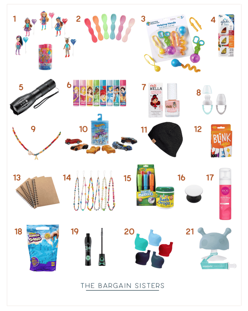 A visual grid of 21 bargain items perfect as stocking stuffers under $10, including children's toys, a flashlight, nail polish, mini figurines, toiletries, notebooks, a hat, and kitchen gadgets. Each product is numbered for easy reference.