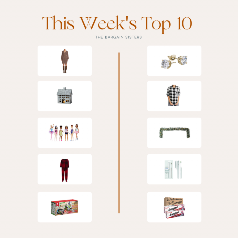 Image showing a list titled "This Week's Top 10 Deals" from The Bargain Sisters. The list is divided into two columns, featuring various items. These items include clothing, accessories, home decor, dolls, skincare products, a LEGO set, and board games.