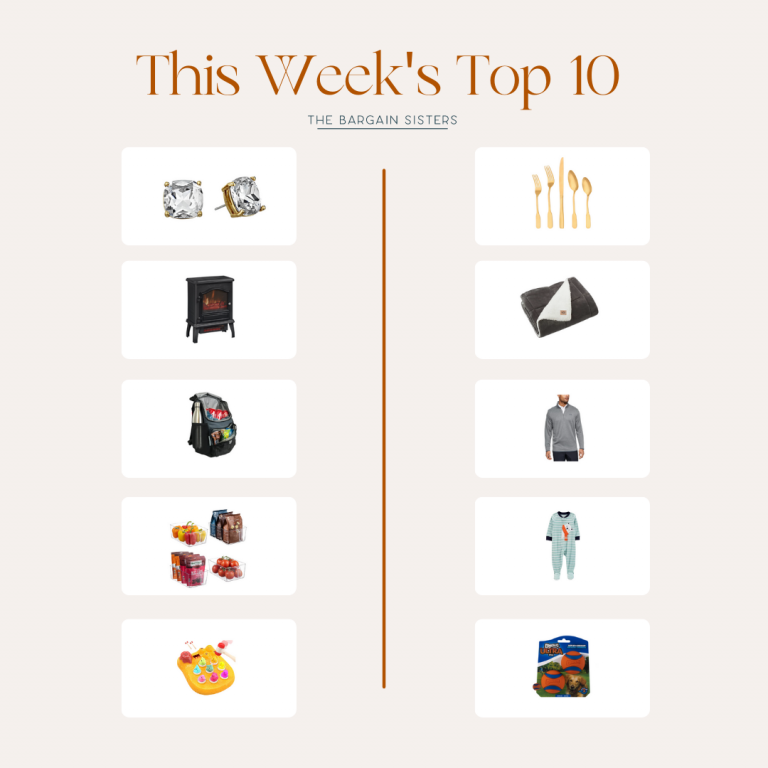 Title reads "This Week's Top 10: Best Deals of the Week." A list of this week's top 10 items in two columns includes earrings, a miniature fireplace, a backpack, a food storage set, a children's apron, gold flatware, a gray blanket, a hoodie, children's pajamas, and a pack of batteries.