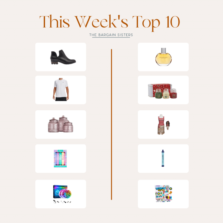 A list of ten items titled "This Week's Top 10 Best Deals of the Week" by The Bargain Sisters. These items include ankle boots, a fragrance bottle, a white t-shirt, a candle set, a set of three canisters, a girl’s romper, a set of markers, a water bottle, an art supply kit, and a children's game.