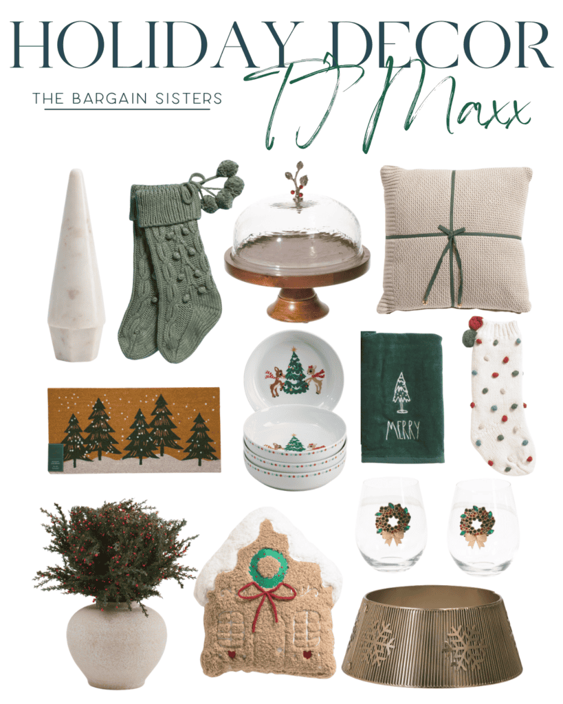 Discover an enchanting array of Christmas decor on a budget at TJ Maxx, featuring green stockings, a beige ribboned pillow, festive bowls and glasses, a gingerbread house cushion, tree skirts, potted plants, and themed towels. Perfect for adding holiday cheer without breaking the bank.