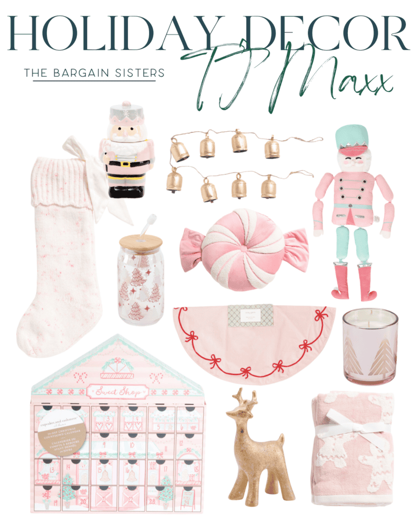 Discover our collection of Christmas decor on a budget, featuring nutcracker dolls, a stocking, a string of gold bells, and a pink and white tree skirt. Add charm with a candle, candy-shaped pillow, advent calendar, reindeer figurine, and festive cup—all elegantly themed in pink and gold.