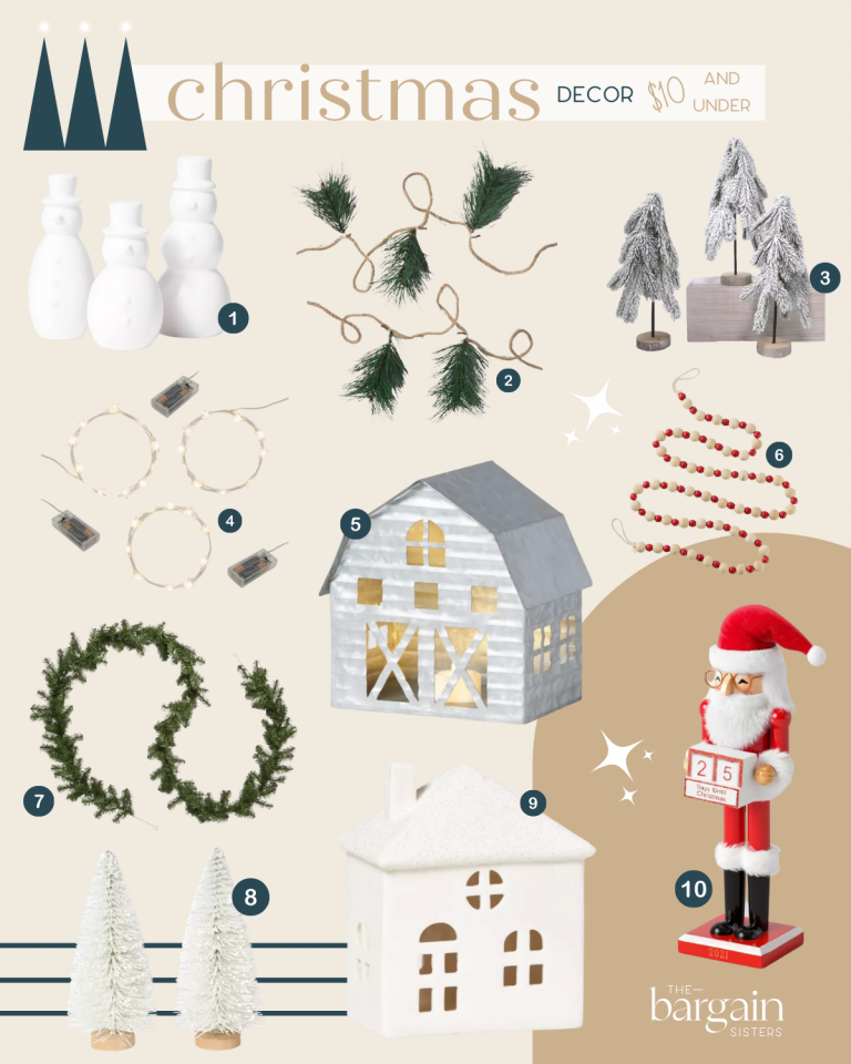 A collage featuring various Christmas decor items from The Bargain Sisters, all priced at $10 or under. Items include snowman candles, garlands, trees, a house light, a nutcracker figurine, and string lights. The background features the text "Christmas Decor on a Budget - $10 and under.