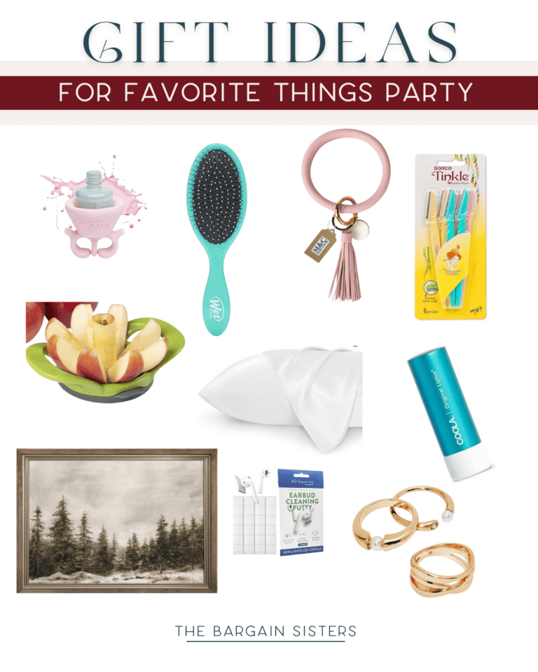 A collage of gift ideas for a Favorite Things Party includes a pink baby sippy cup, teal hairbrush, tassel keychain, eyebrow razors, apple slicer, silk pillowcase, Coola lip balm, forest painting, clear cutting mat, and gold rings. Perfect picks for your special gathering!