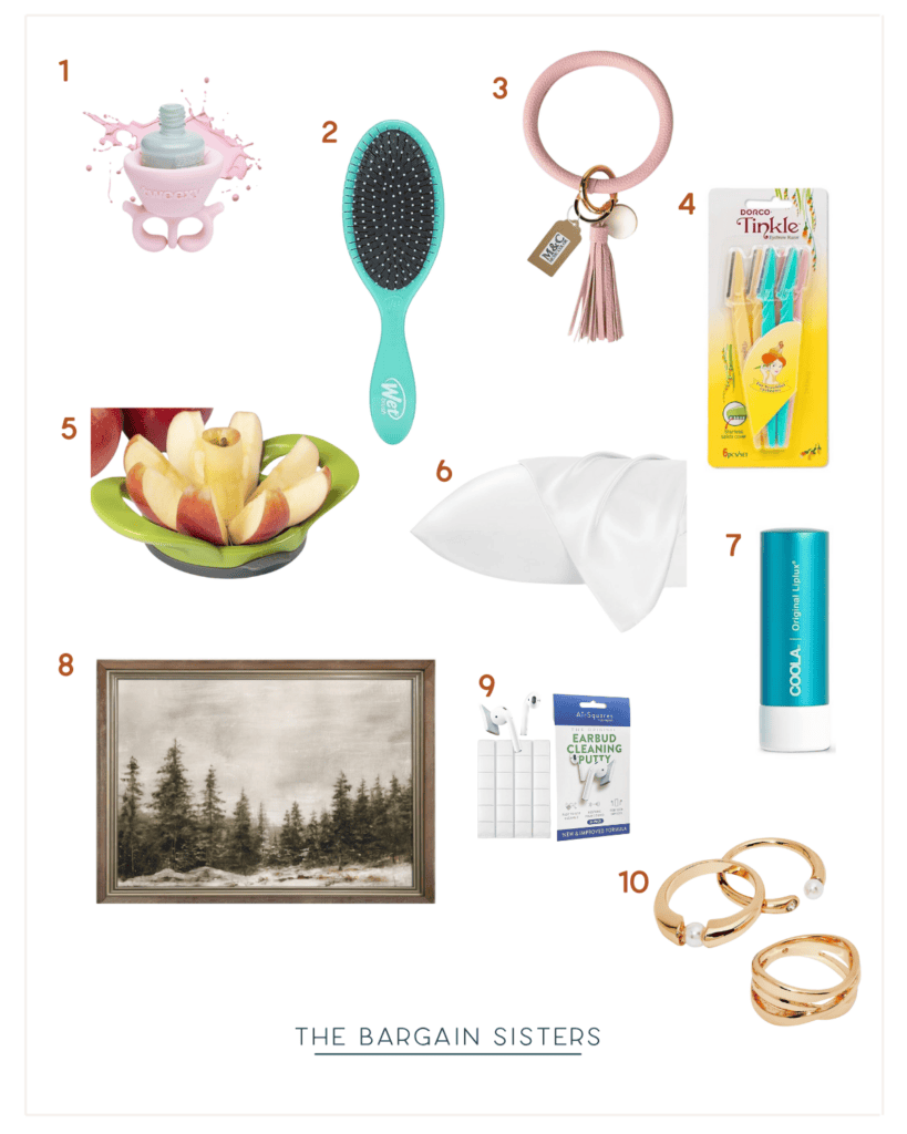 A collage of ten favorite things for your party: 1) pink baby teether, 2) hairbrush, 3) keychain with tassel, 4) facial razors package, 5) apple slicer, 6) folded napkins, 7) sunscreen stick, 8) framed landscape painting, 9) poster strips, and a dazzling set of gold