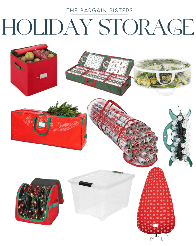 Collage of holiday decoration storage ideas featuring red and green boxes, a wreath container, a gift wrap organizer, a clear bin, and a red ironing board cover with white polka dots. "The Bargain Sisters: Holiday Storage" text at the top.