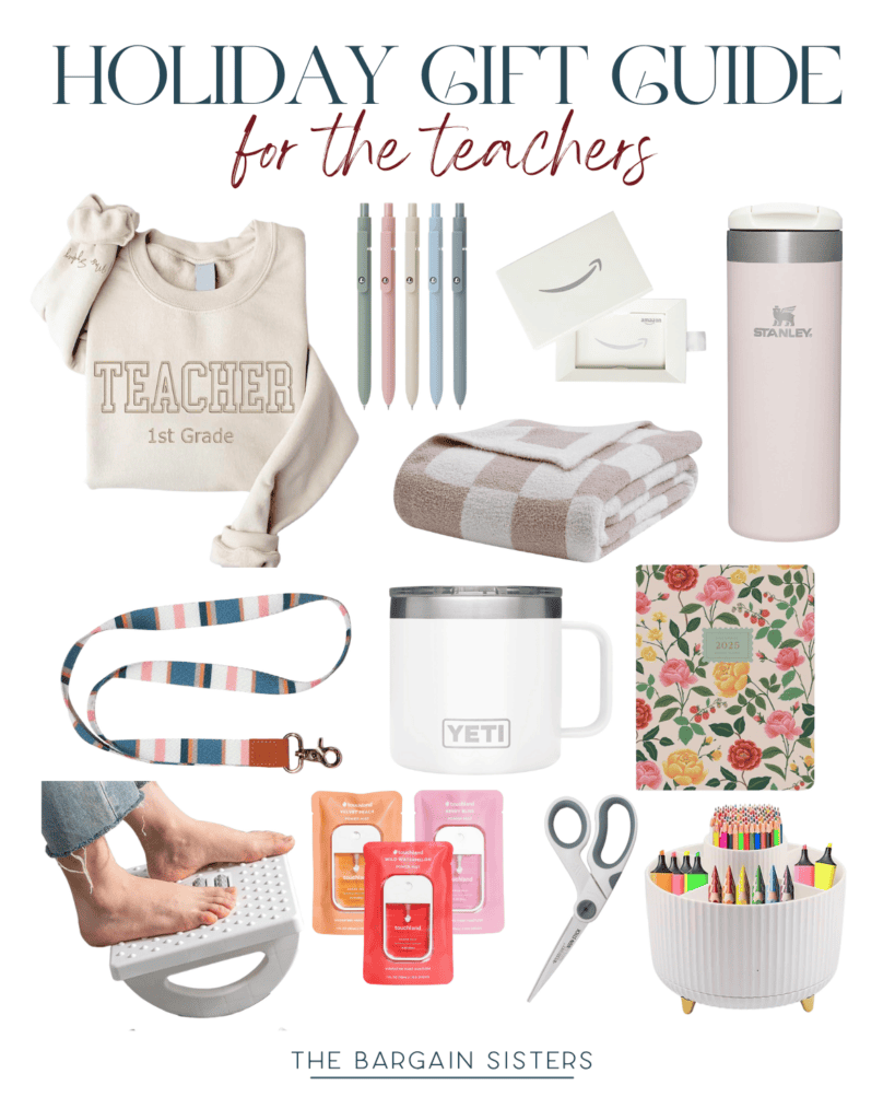 Collage of holiday gifts for a teacher, featuring a "Teacher 1st Grade" sweatshirt, pens, gift card, tumbler, striped blanket, keychain, mug, floral notebook, foot roller, face masks, scissors, and a colorful marker organizer. Perfect picks for showing your appreciation!