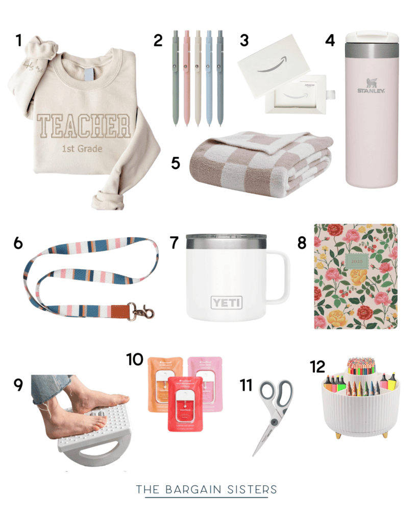 Explore a collection of holiday gifts for a teacher, featuring thoughtful ideas like a "1st Grade Teacher" sweater, pastel pens, notecard set, pink Stanley tumbler, plaid blanket, striped bag strap, white Yeti mug, floral planner, foot roller, face masks, scissors, and pencil holder.