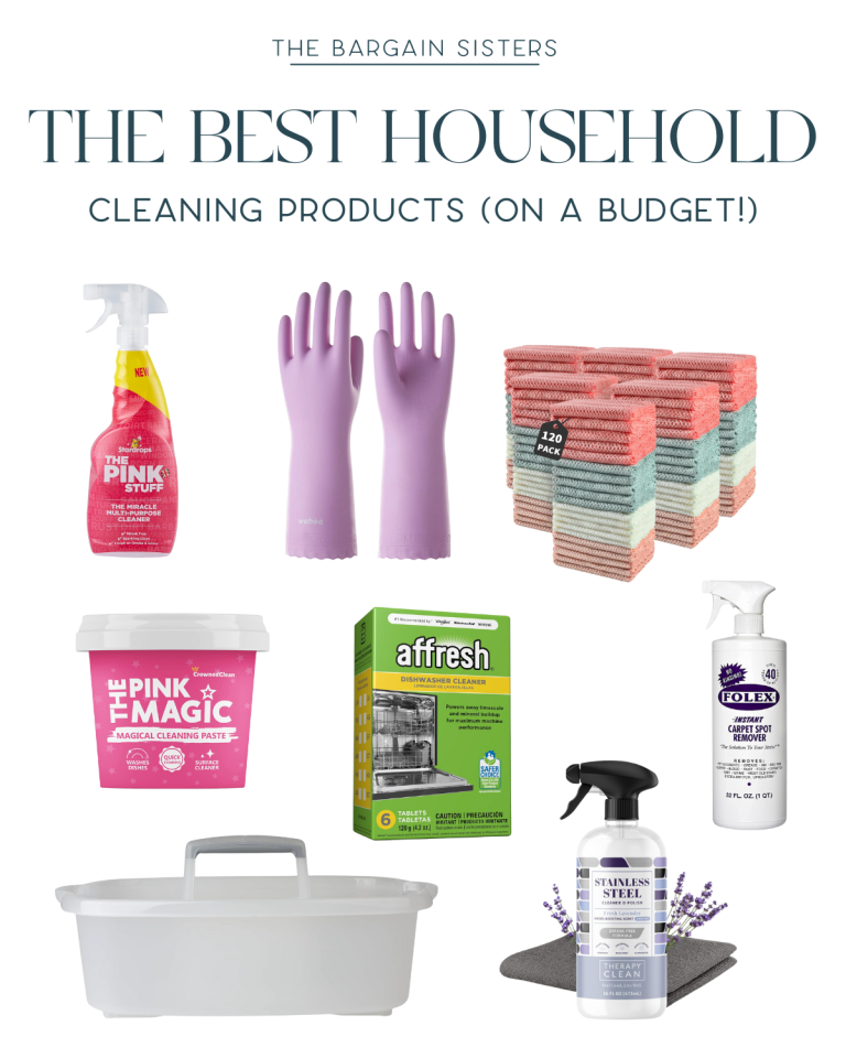 Budget-friendly household cleaning products including gloves, scrub sponges, cleaners, and a caddy from "The Bargain Sisters.