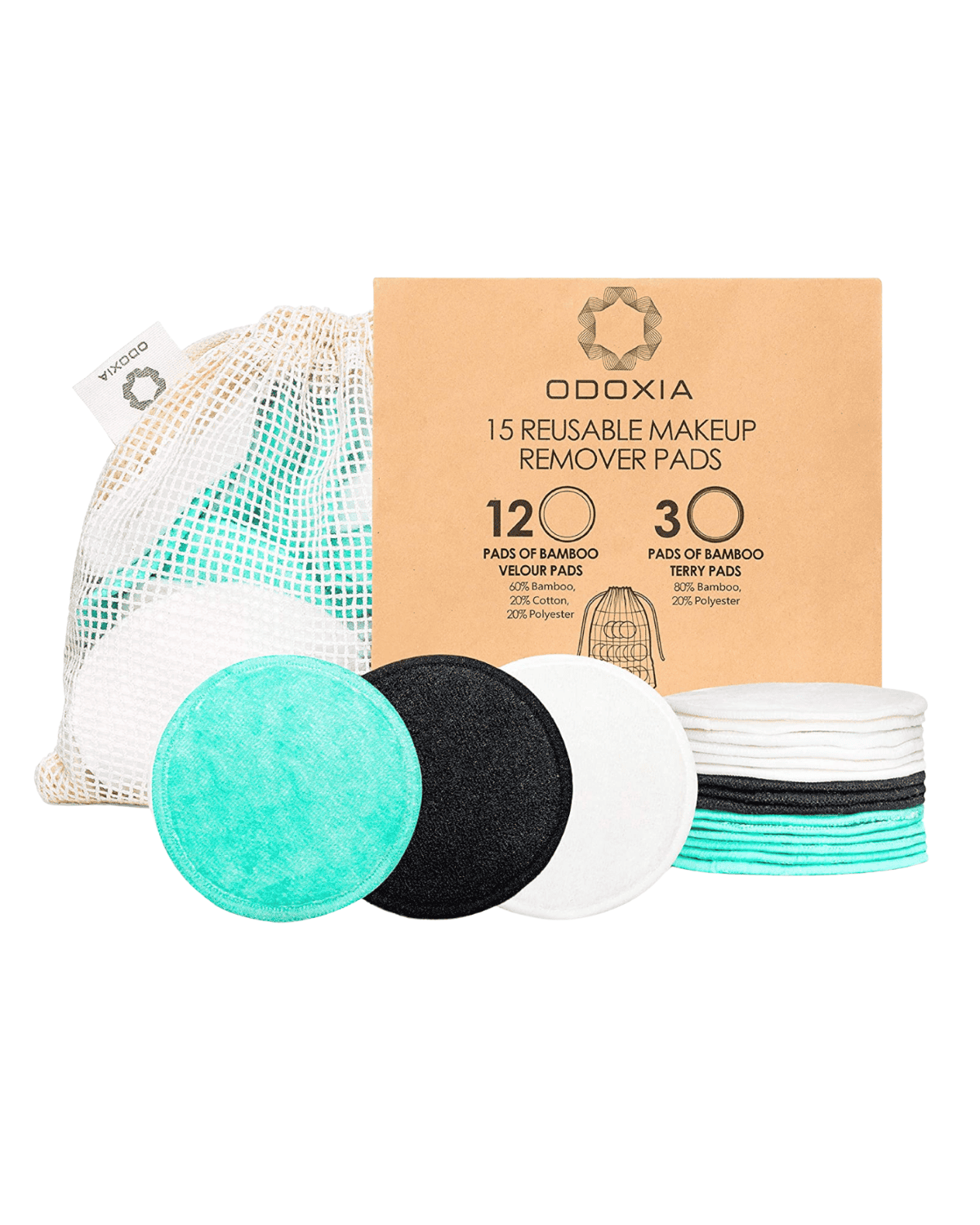 Discover this set of reusable makeup remover pads in vibrant hues like black, white, and turquoise. Packaged in a brown box labeled "15 Reusable Makeup Remover Pads," it includes a mesh laundry bag and a product card. Enjoy the best cheap makeup on Amazon with these eco-friendly essentials!.