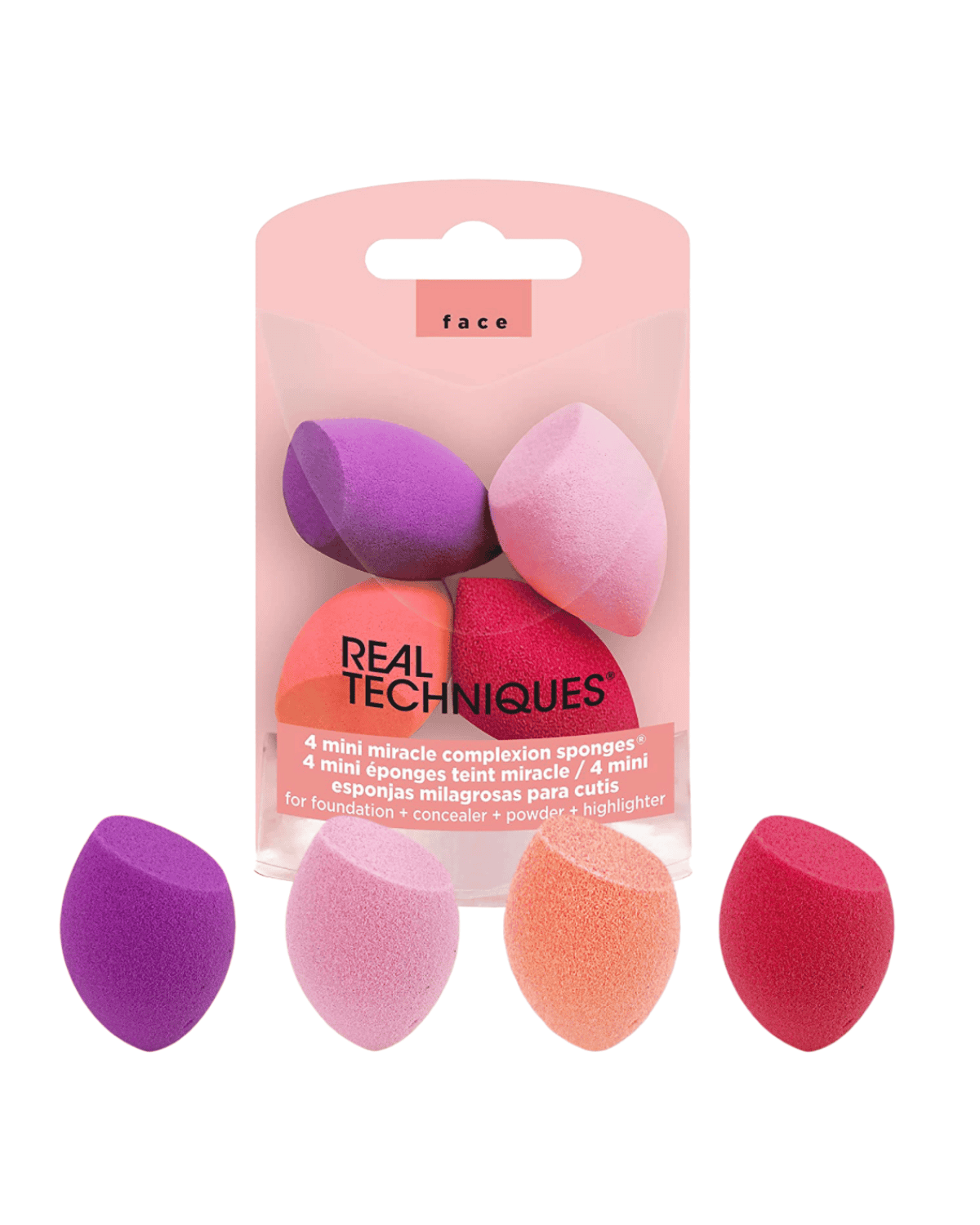 Discover the best cheap makeup on Amazon with this set of four mini makeup sponges by Real Techniques. Featuring vibrant colors—purple, pink, orange, and red—these sponges are perfect for foundation, concealer, powder, and highlighter applications. They come beautifully displayed in eye-catching pink packaging.